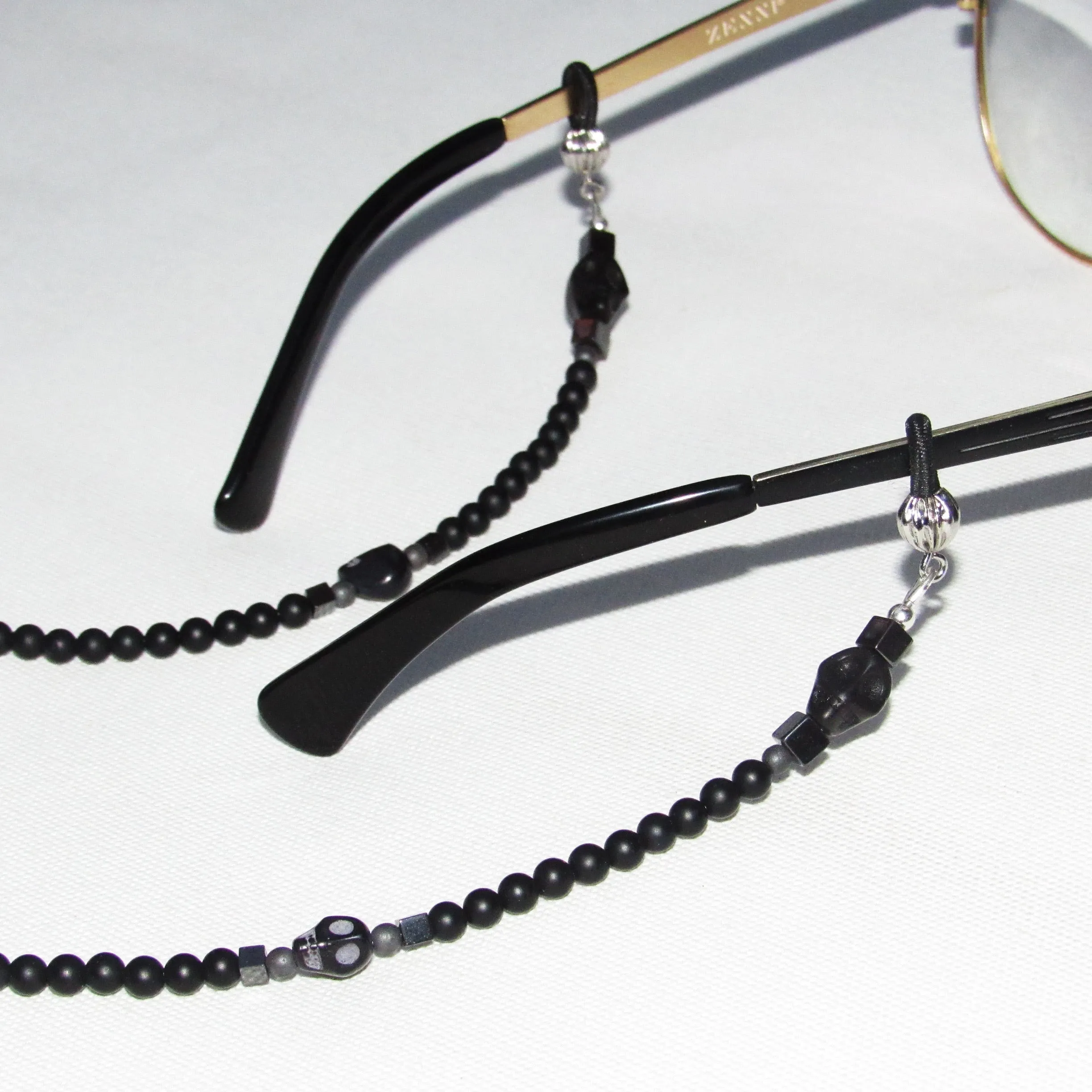 Onyx, Howlite Skulls, and Hematite Gemstone Eyeglass Holder