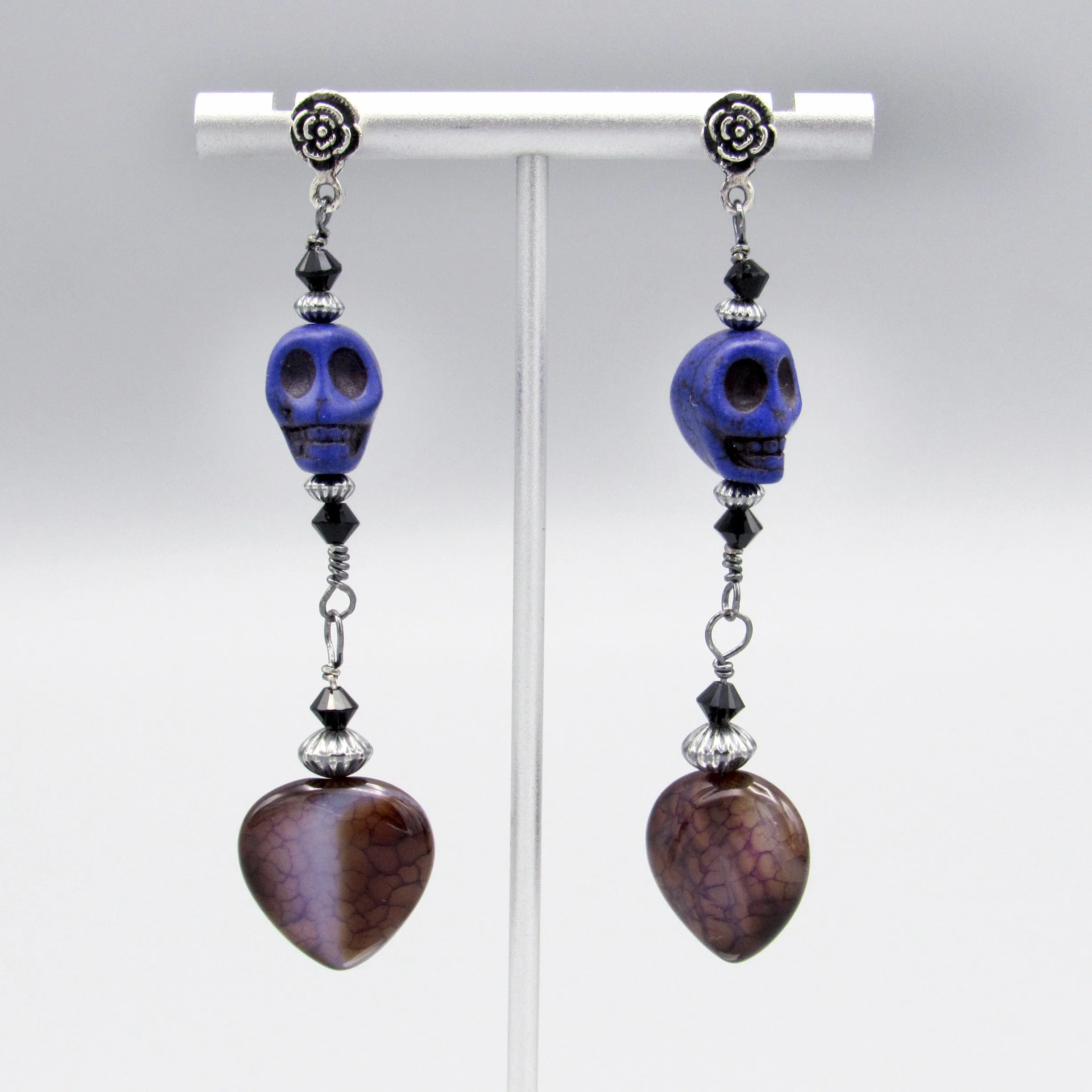 Purple Howlite Gemstone Skull with Onyx and Dragon’s Vein Agate Earrings