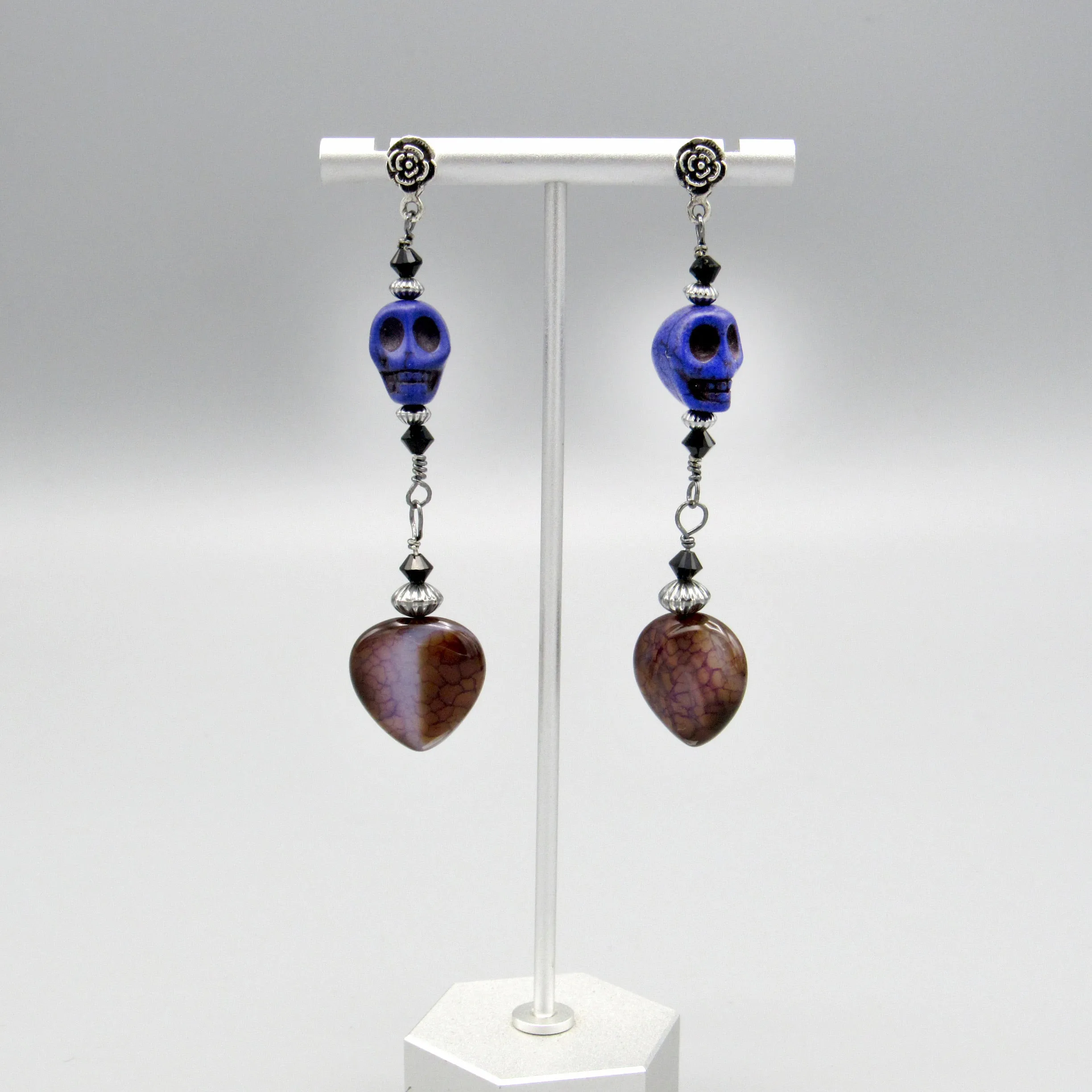 Purple Howlite Gemstone Skull with Onyx and Dragon’s Vein Agate Earrings