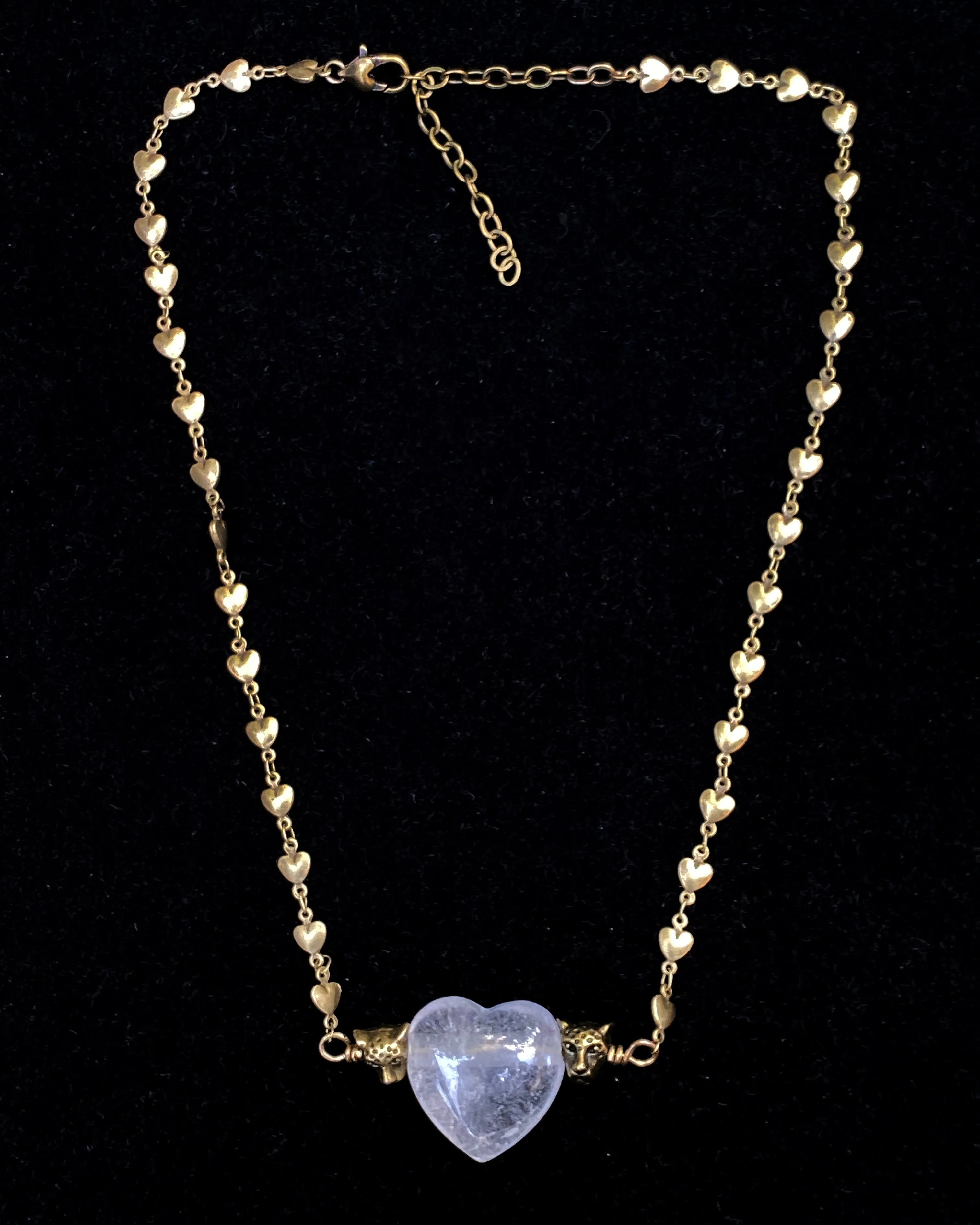 Quartz Heart Brass Leopard Necklace