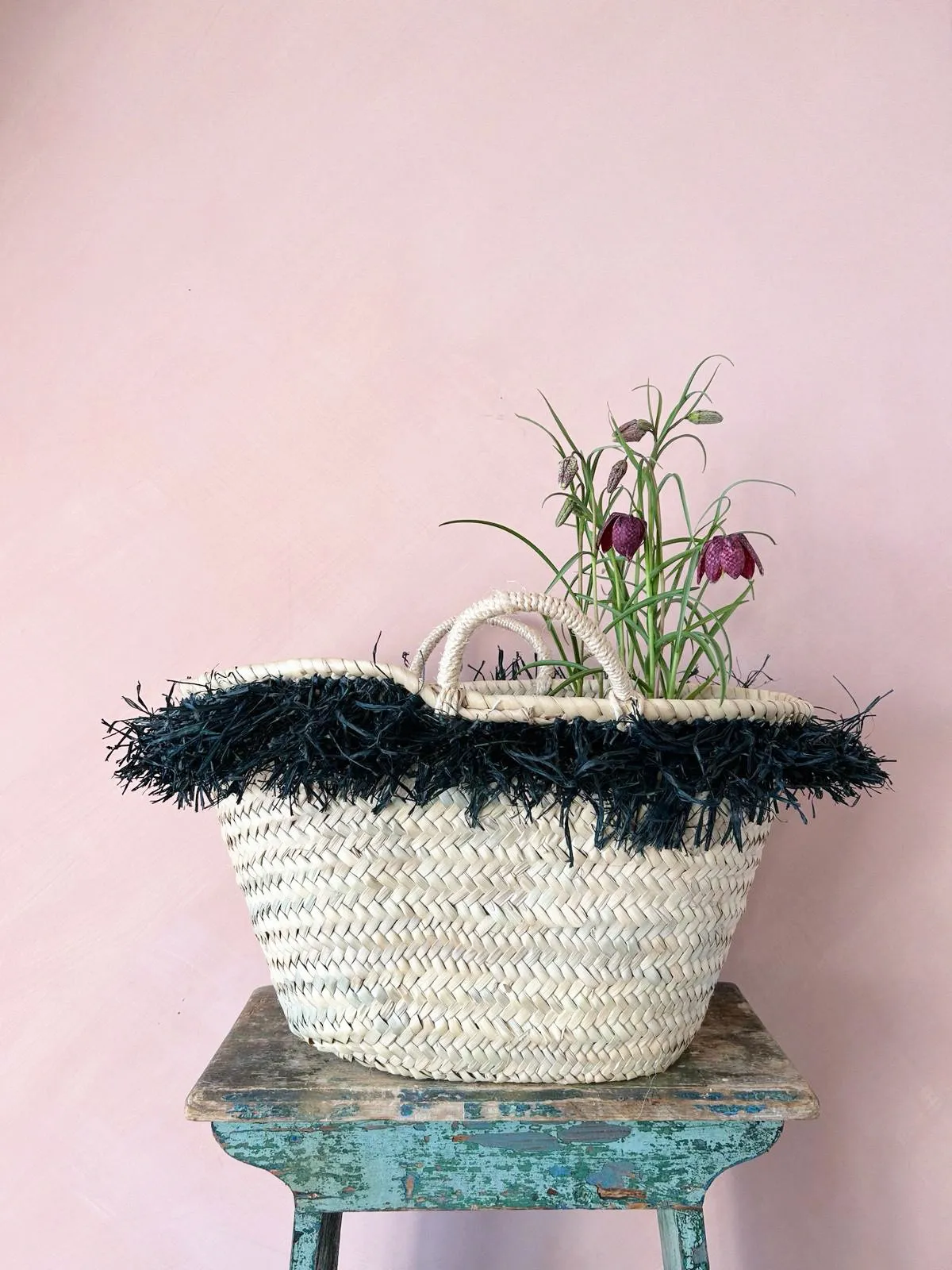 Raffia Tassel Basket, Black