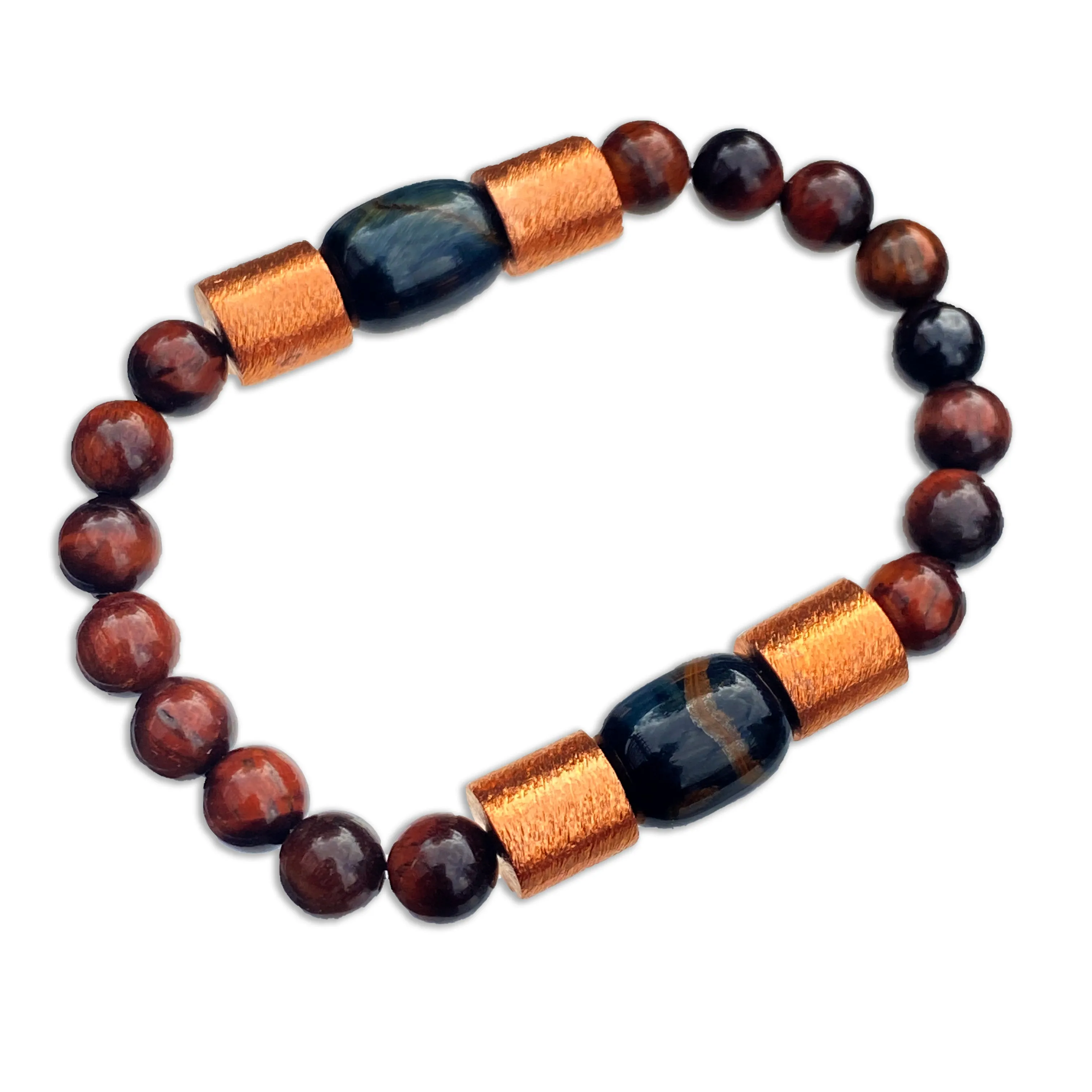 Red and blue Tiger Eye gemstones with genuine Copper Stretch bracelet