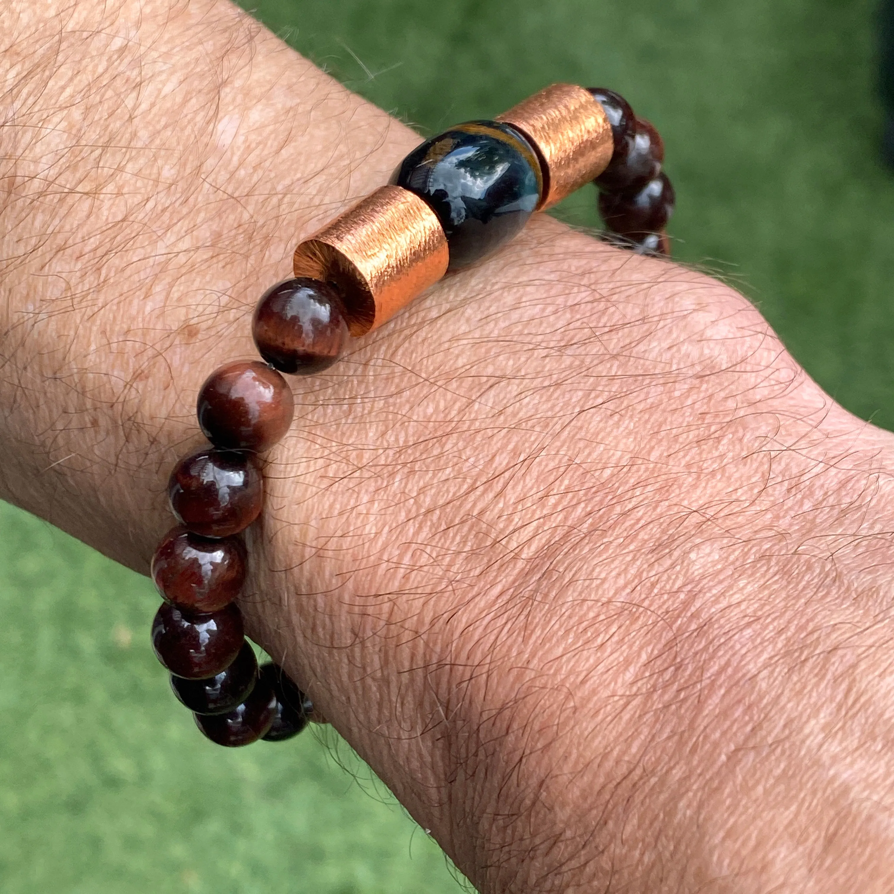 Red and blue Tiger Eye gemstones with genuine Copper Stretch bracelet