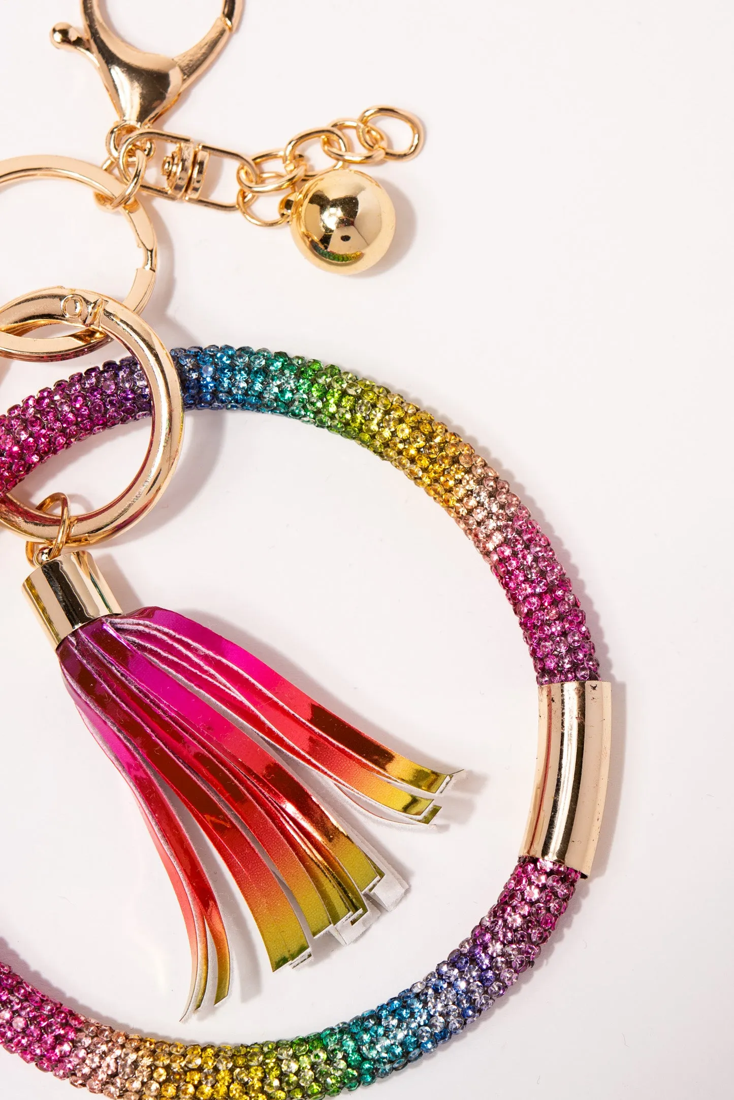 Rhinestone Wristlet Keyring Keychain with Tassel- Rainbow