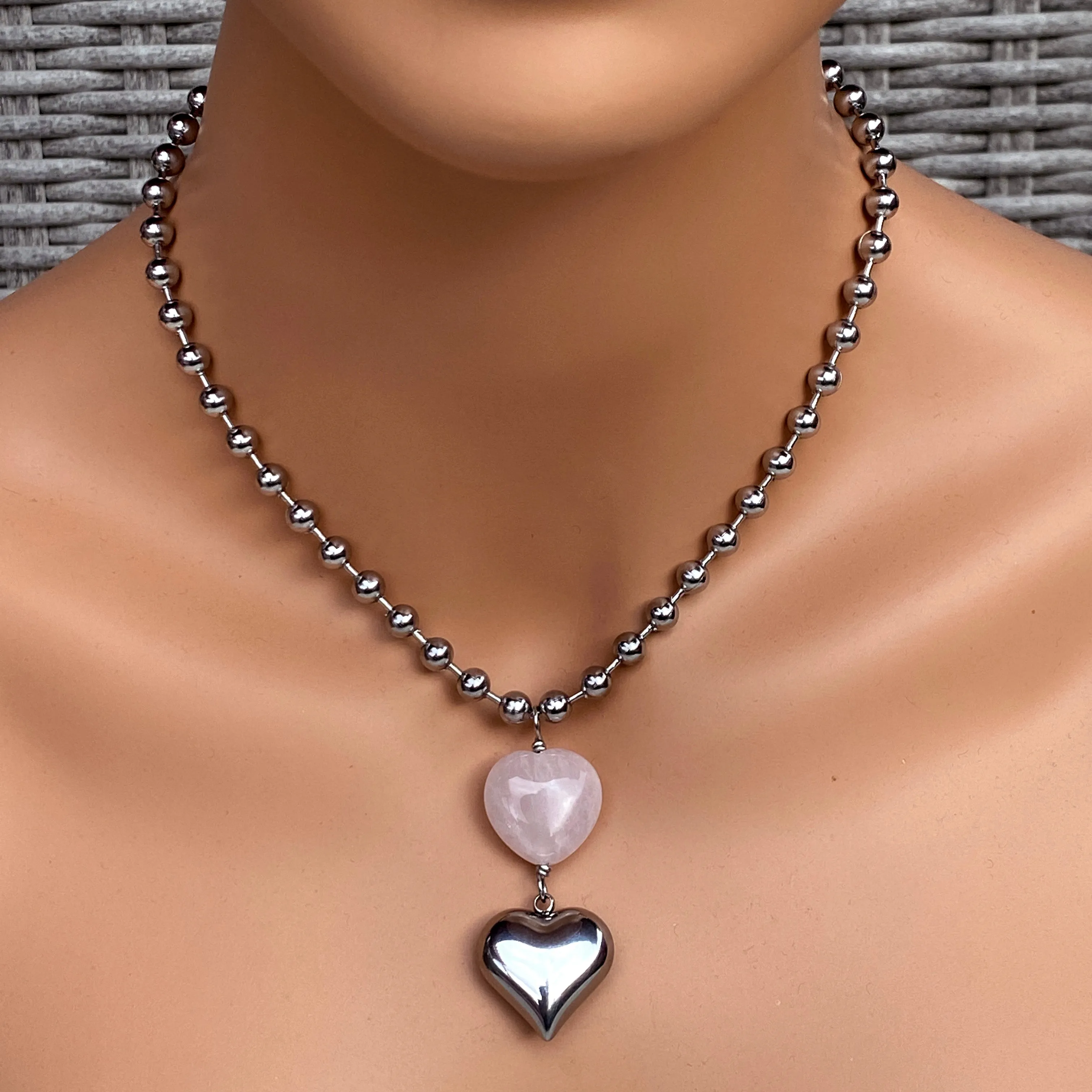 Rose Quartz and stainless steel Heart Necklace