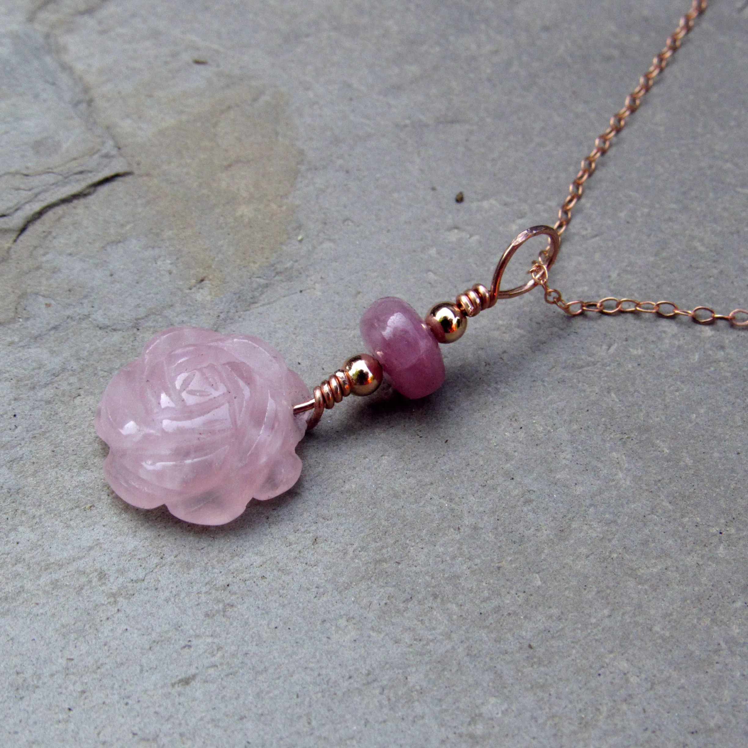 Rose Quartz Flower with Pink Tourmaline hand Wrapped on 14 Kt Gold Fill Necklace