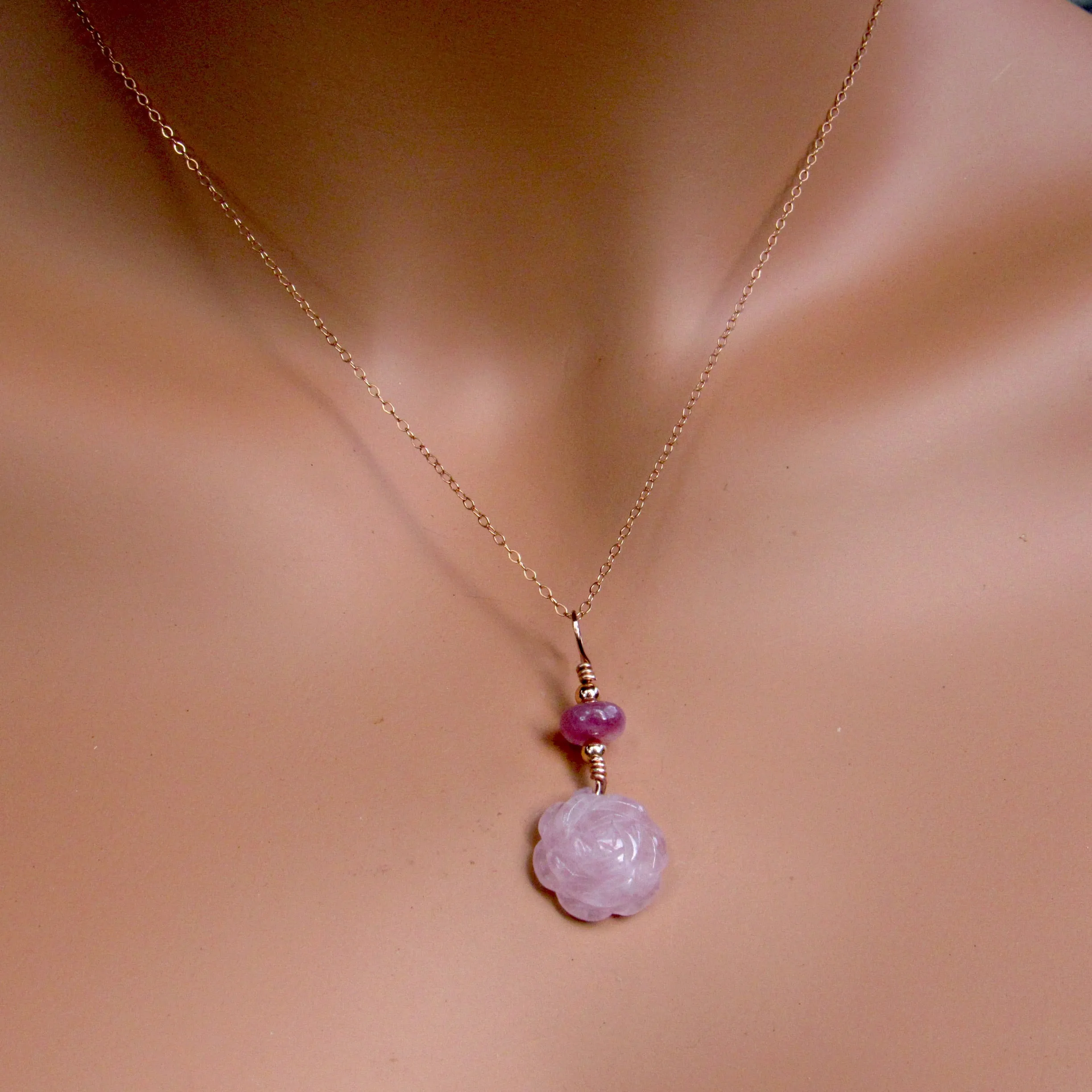 Rose Quartz Flower with Pink Tourmaline hand Wrapped on 14 Kt Gold Fill Necklace