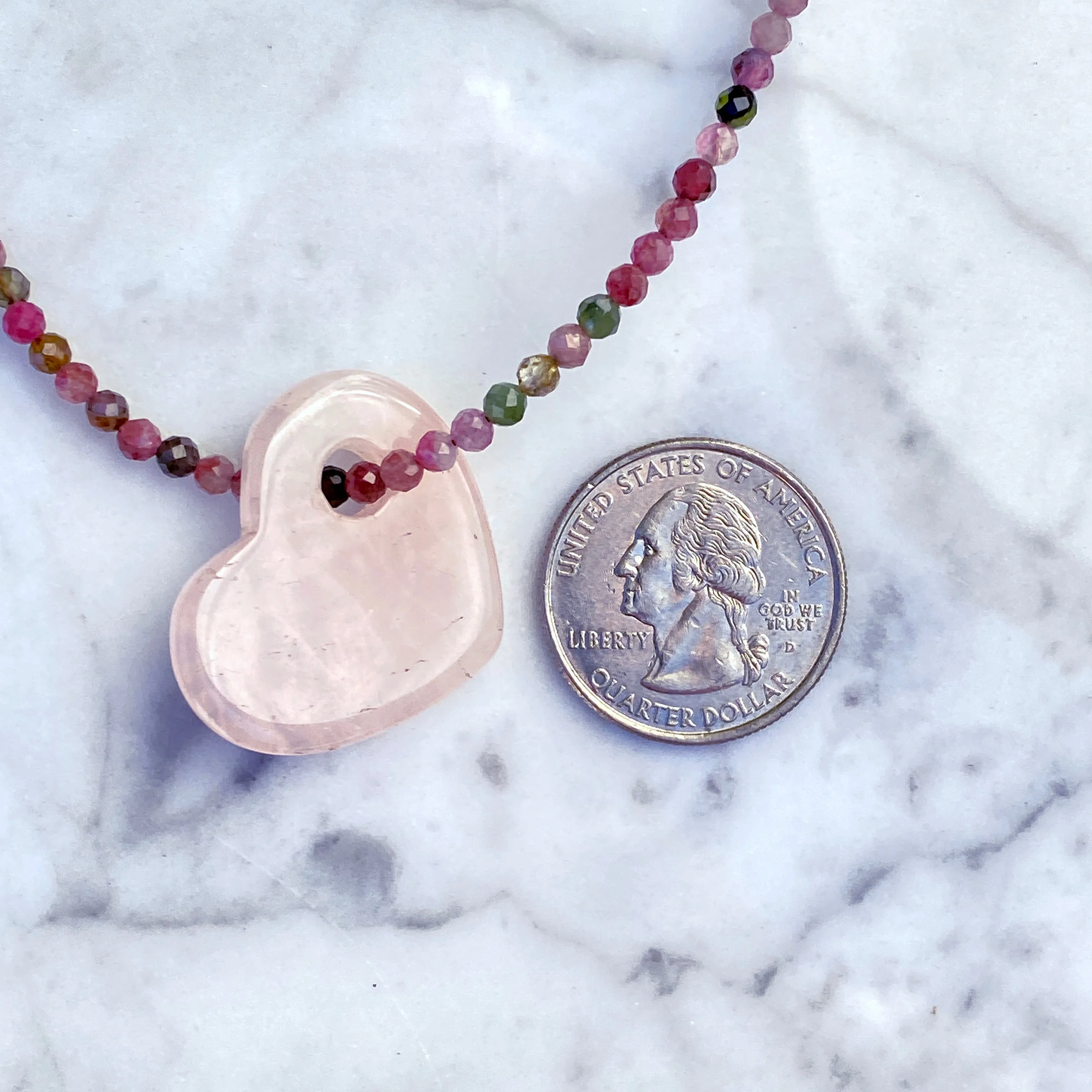 Rose Quartz on mixed tourmaline with 14 kt rose gold filed