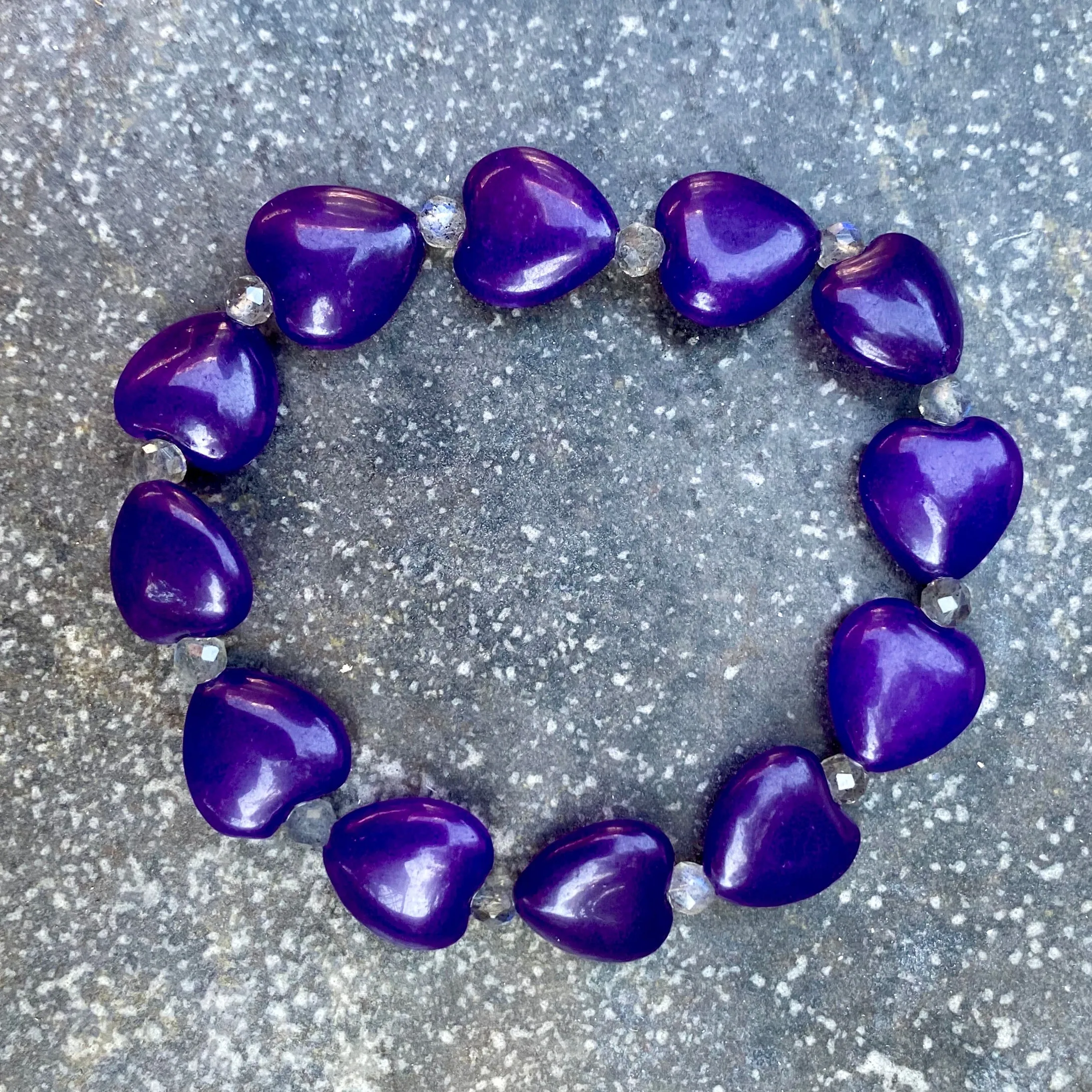 Russian Amethyst Hearts and Flashy Labradorite Stretch Bracelet