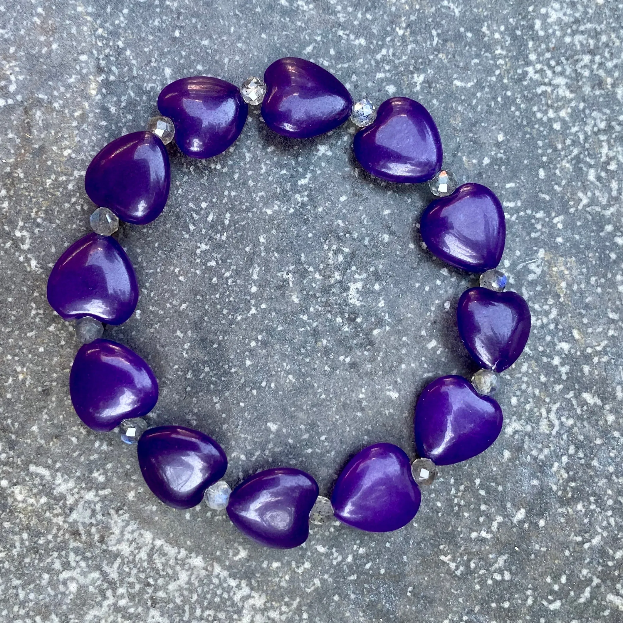 Russian Amethyst Hearts and Flashy Labradorite Stretch Bracelet