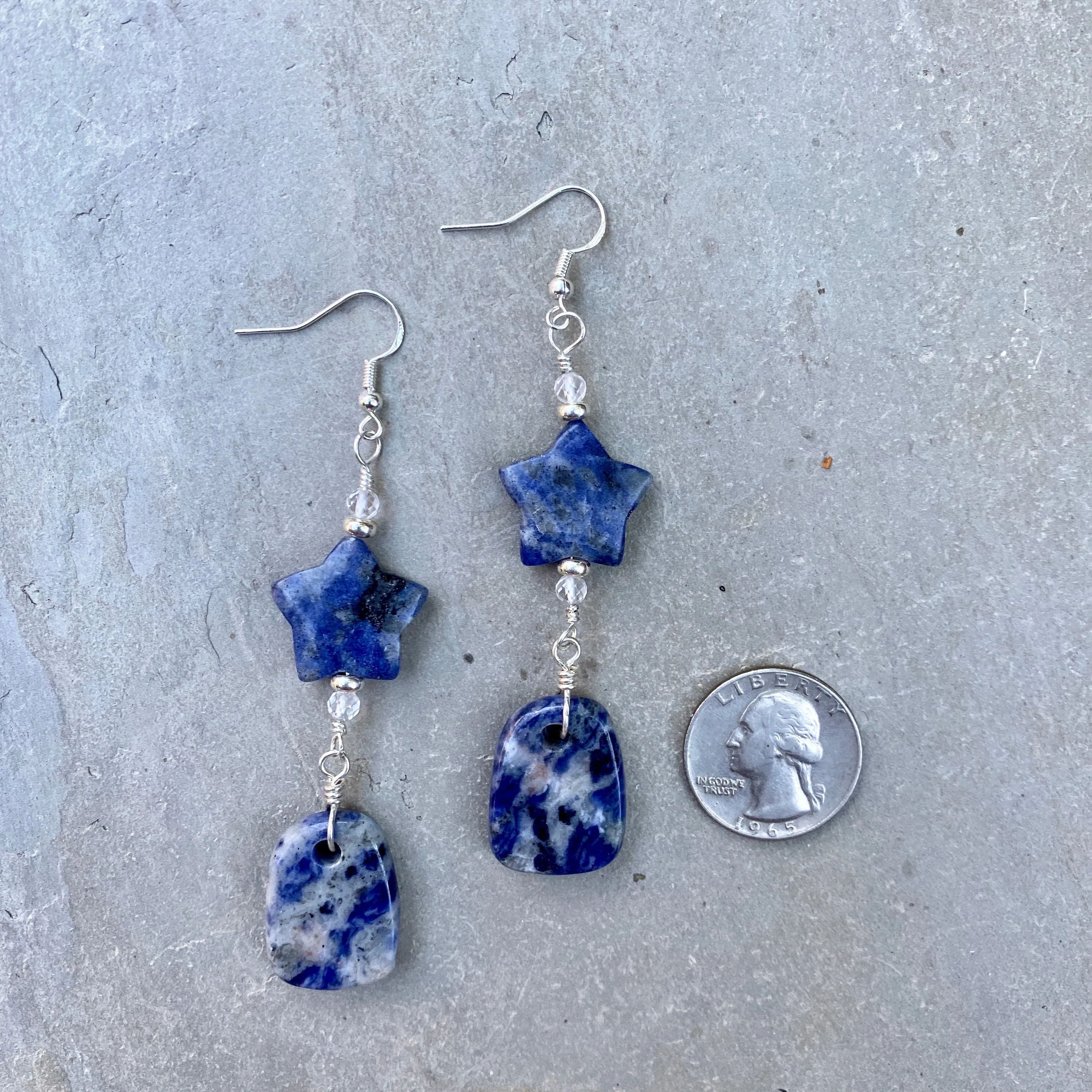 Sodalite Gemstone Star, White Topaz and Sterling Silver Drop Earrings