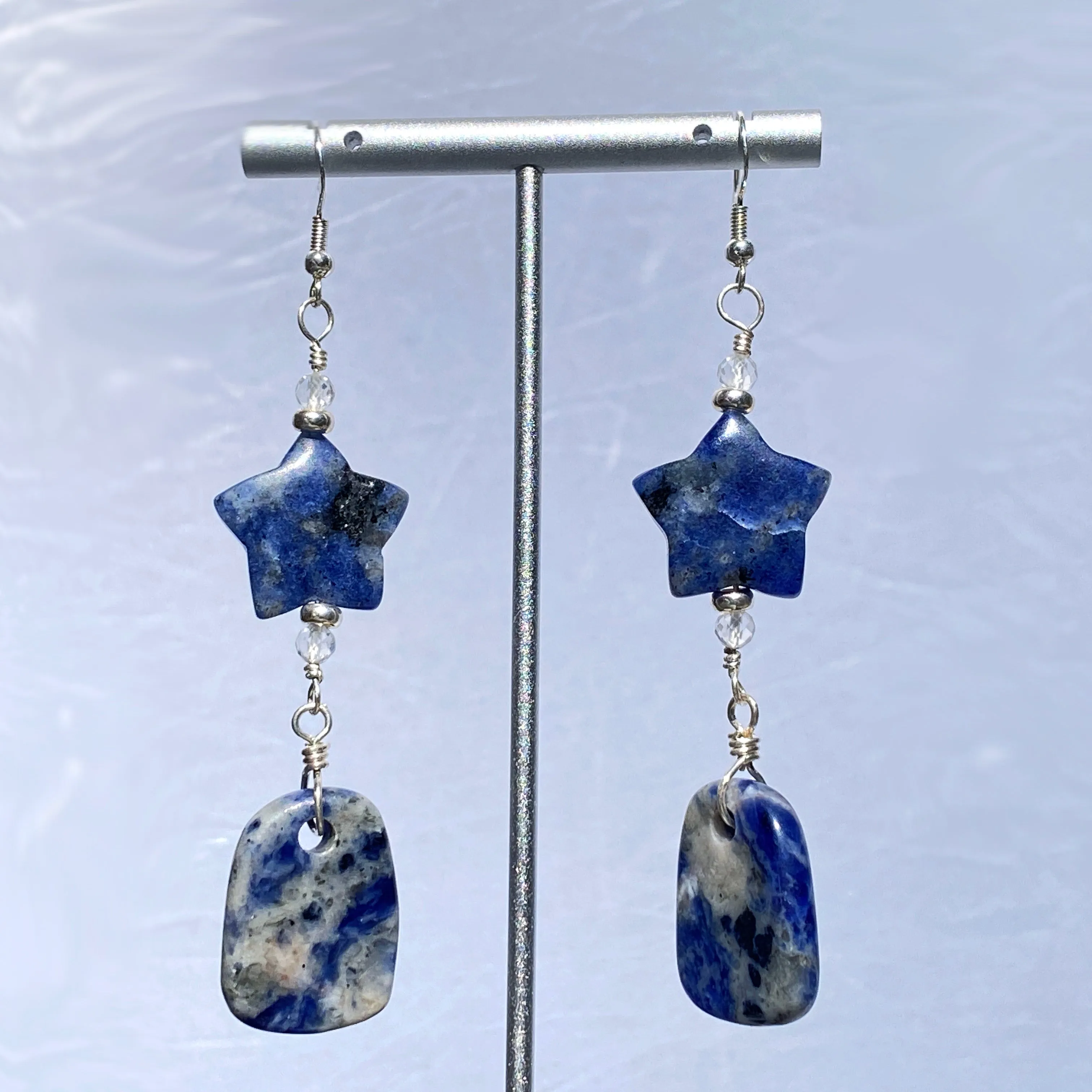 Sodalite Gemstone Star, White Topaz and Sterling Silver Drop Earrings