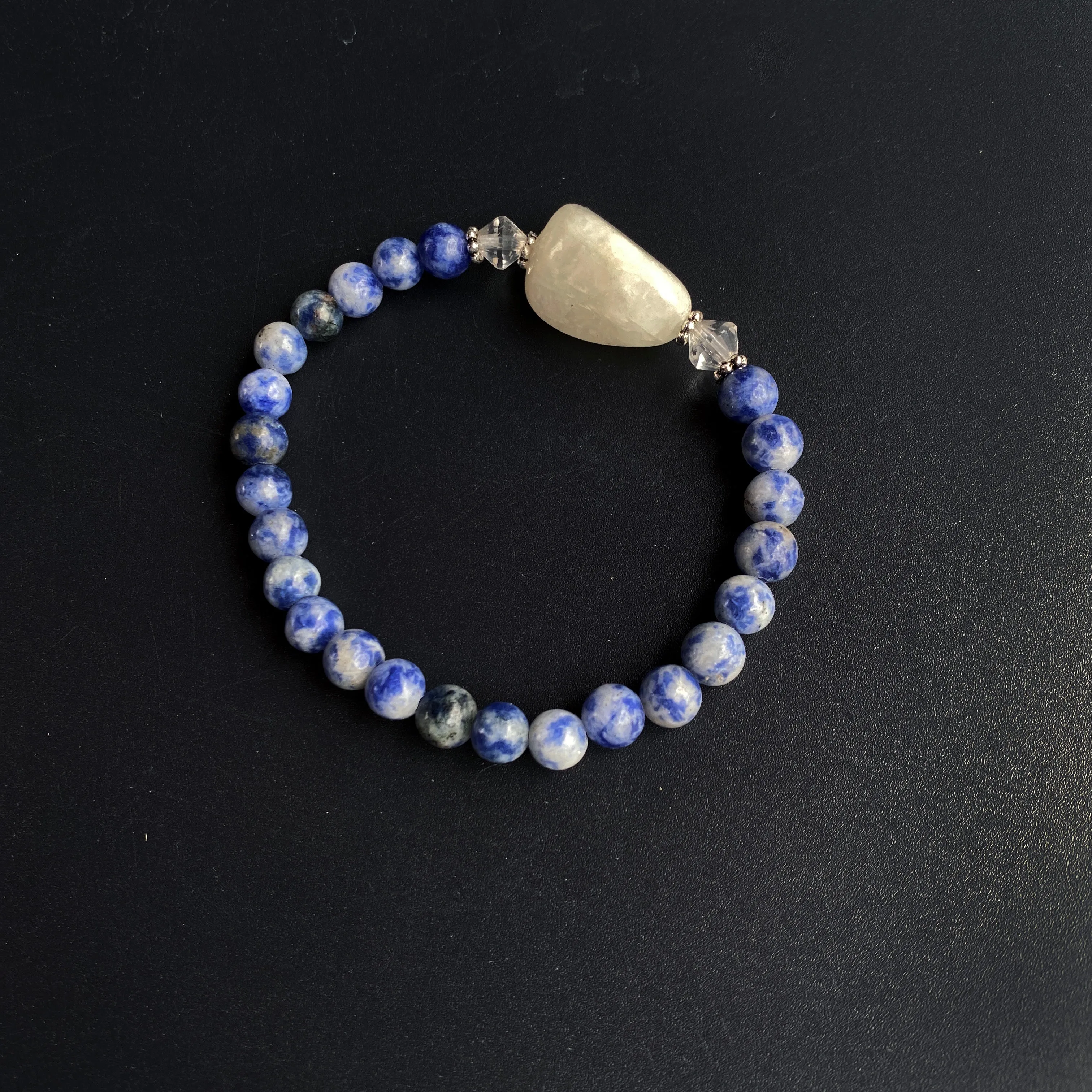 Sodalite, White Moonstone, Quartz, and Sterling Silver Bracelet