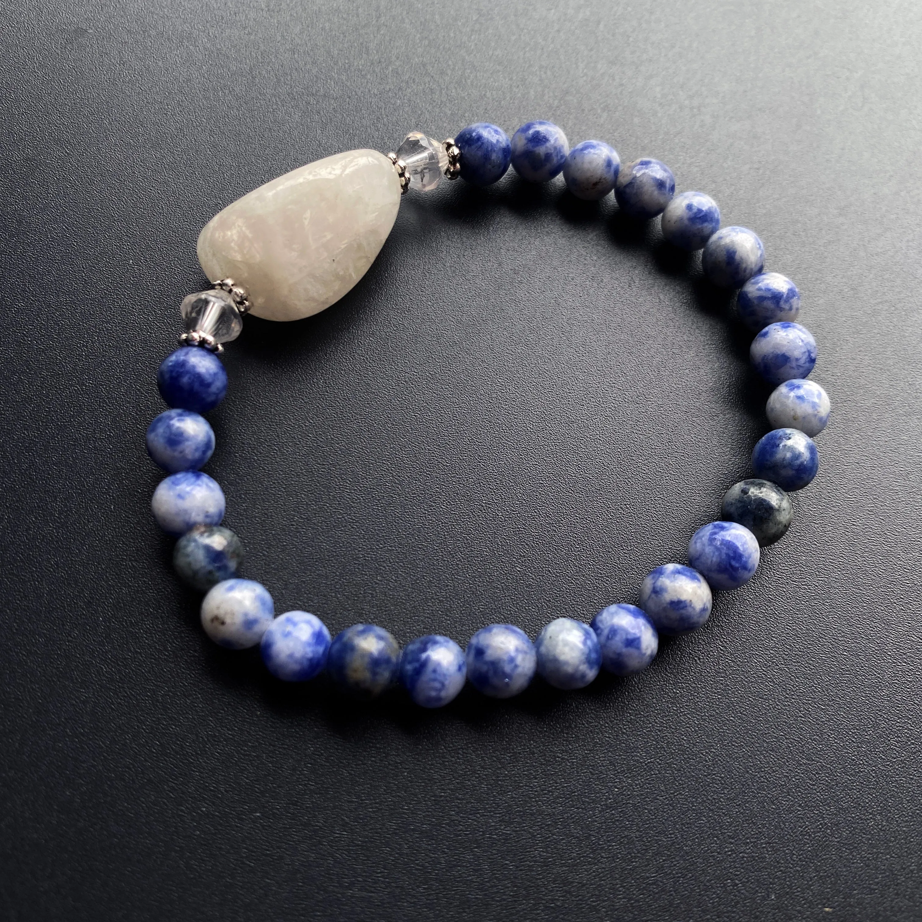 Sodalite, White Moonstone, Quartz, and Sterling Silver Bracelet