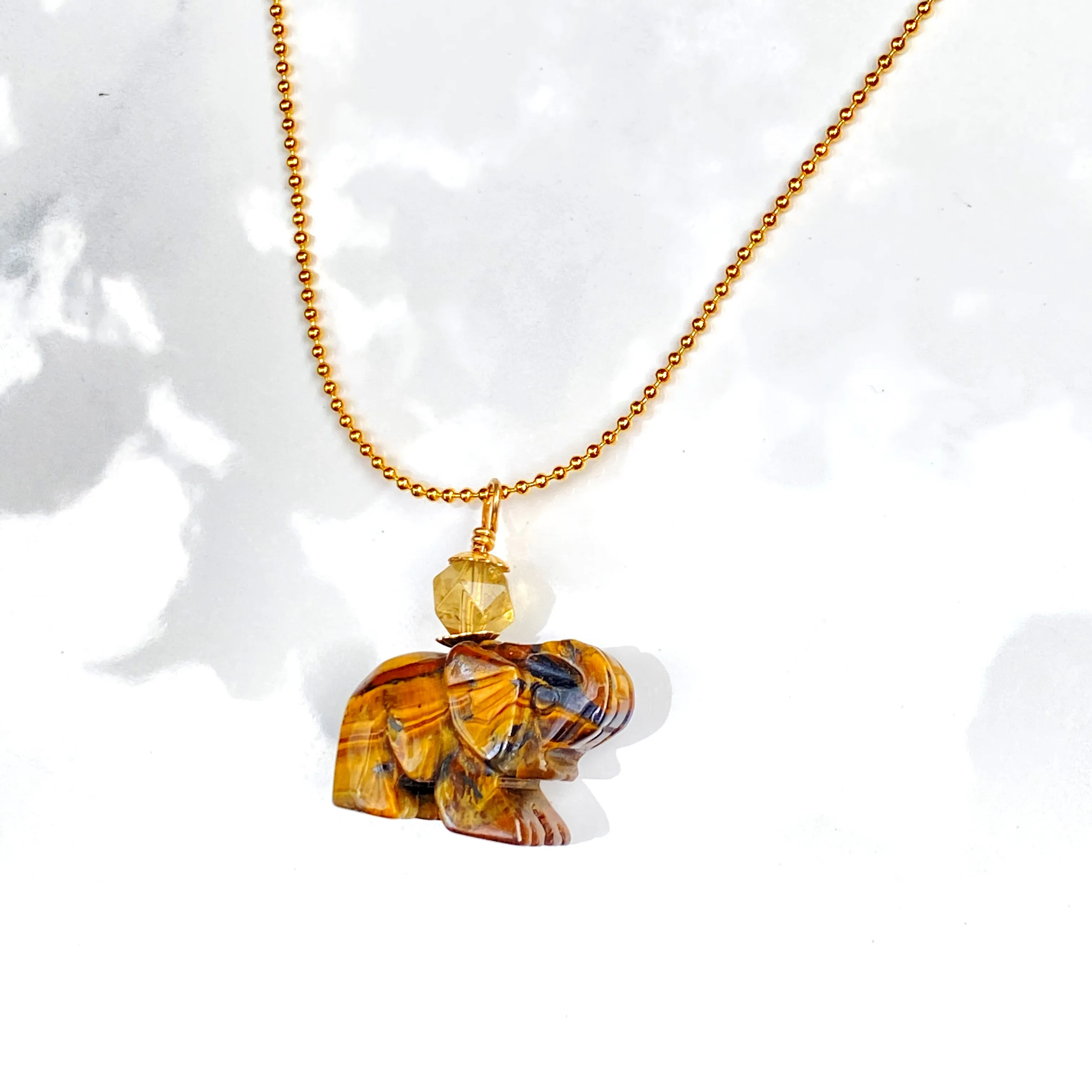 Tiger Eye gemstone Elephant with Smoky Topaz on 18 kt Gold Vermeil Chain