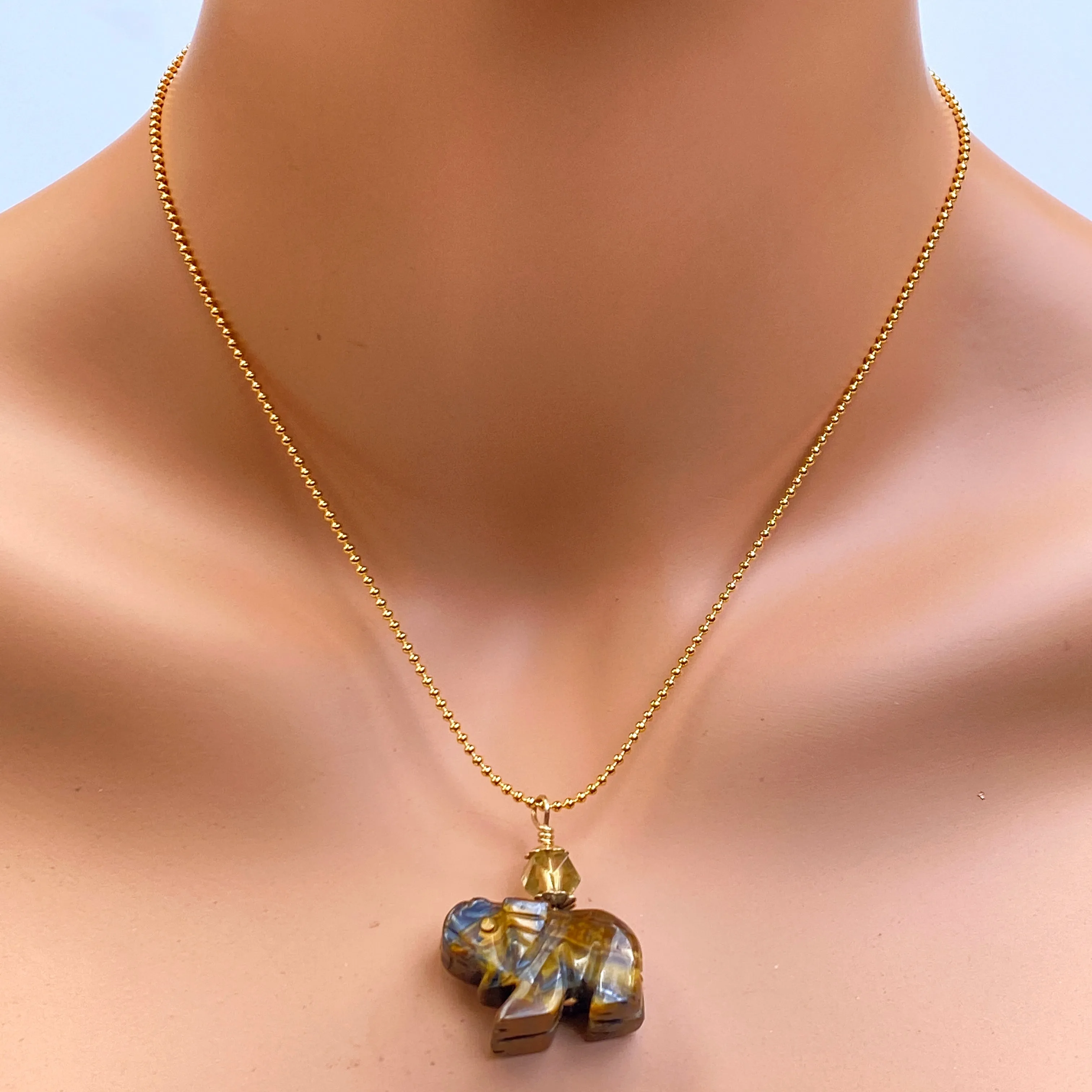 Tiger Eye gemstone Elephant with Smoky Topaz on 18 kt Gold Vermeil Chain