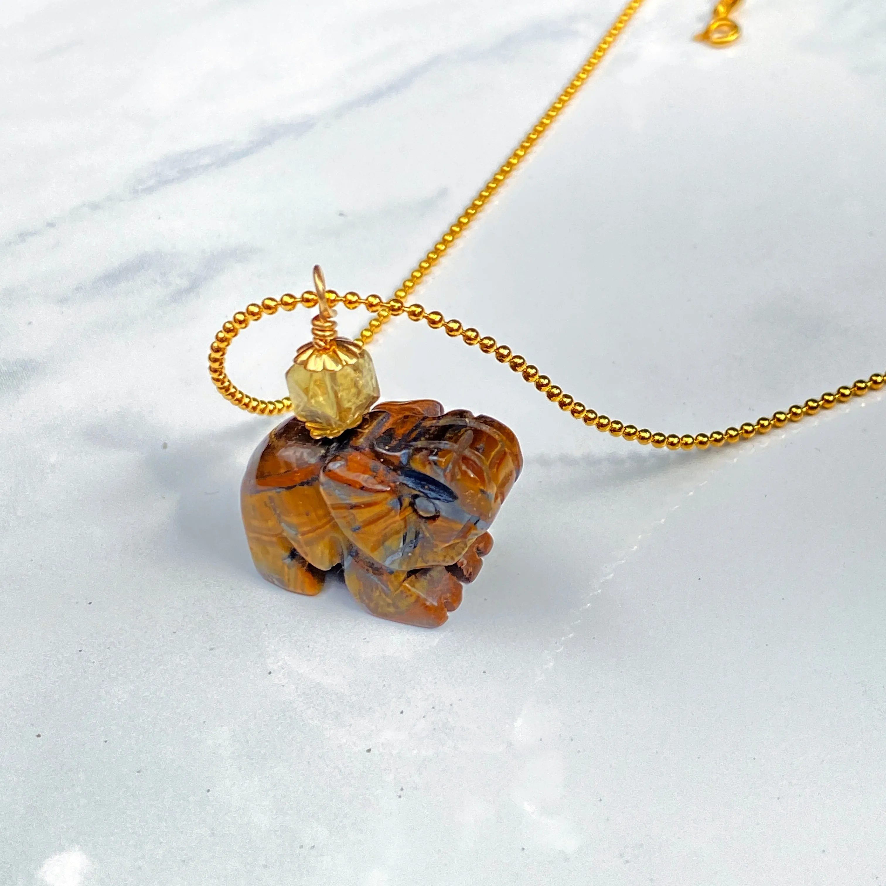 Tiger Eye gemstone Elephant with Smoky Topaz on 18 kt Gold Vermeil Chain