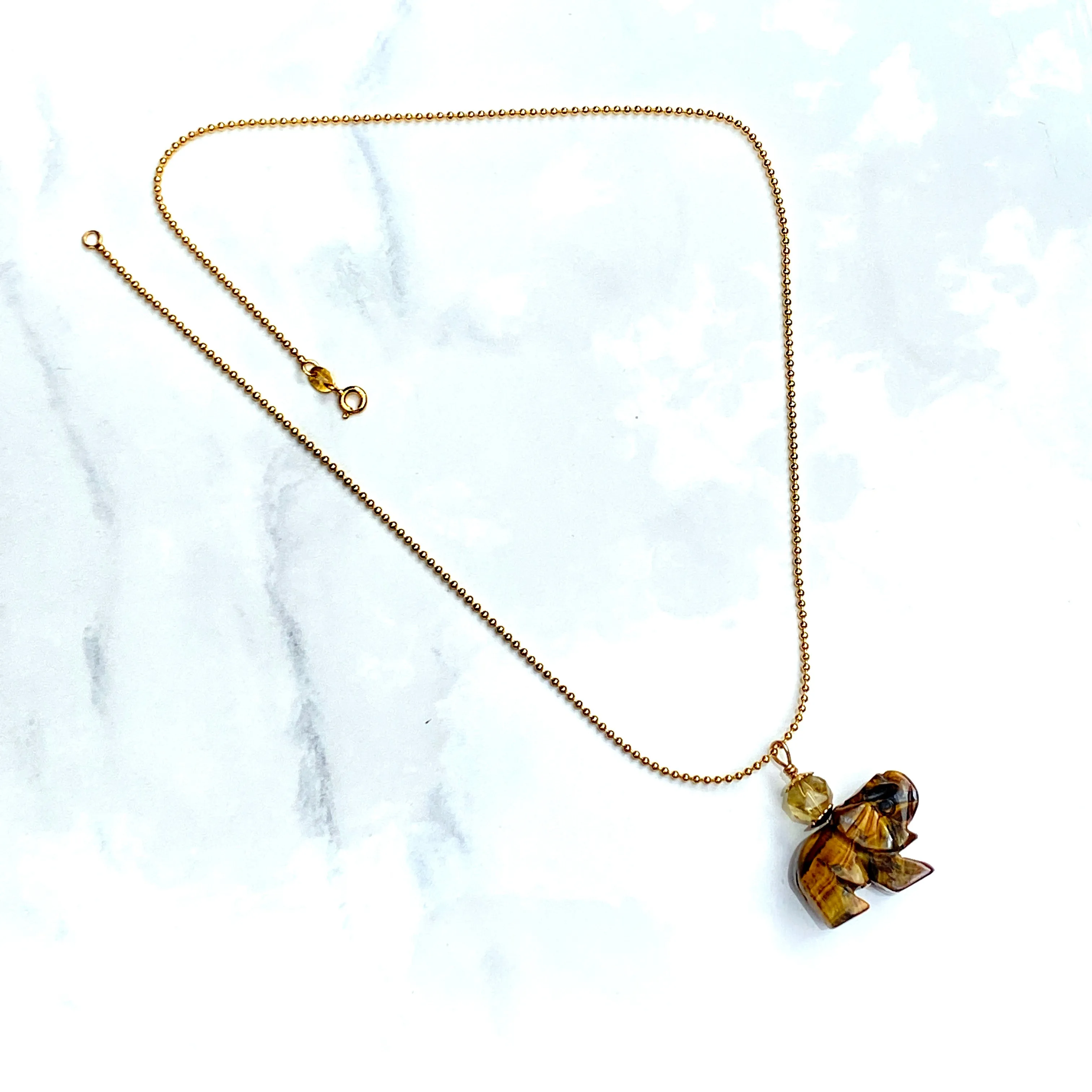 Tiger Eye gemstone Elephant with Smoky Topaz on 18 kt Gold Vermeil Chain