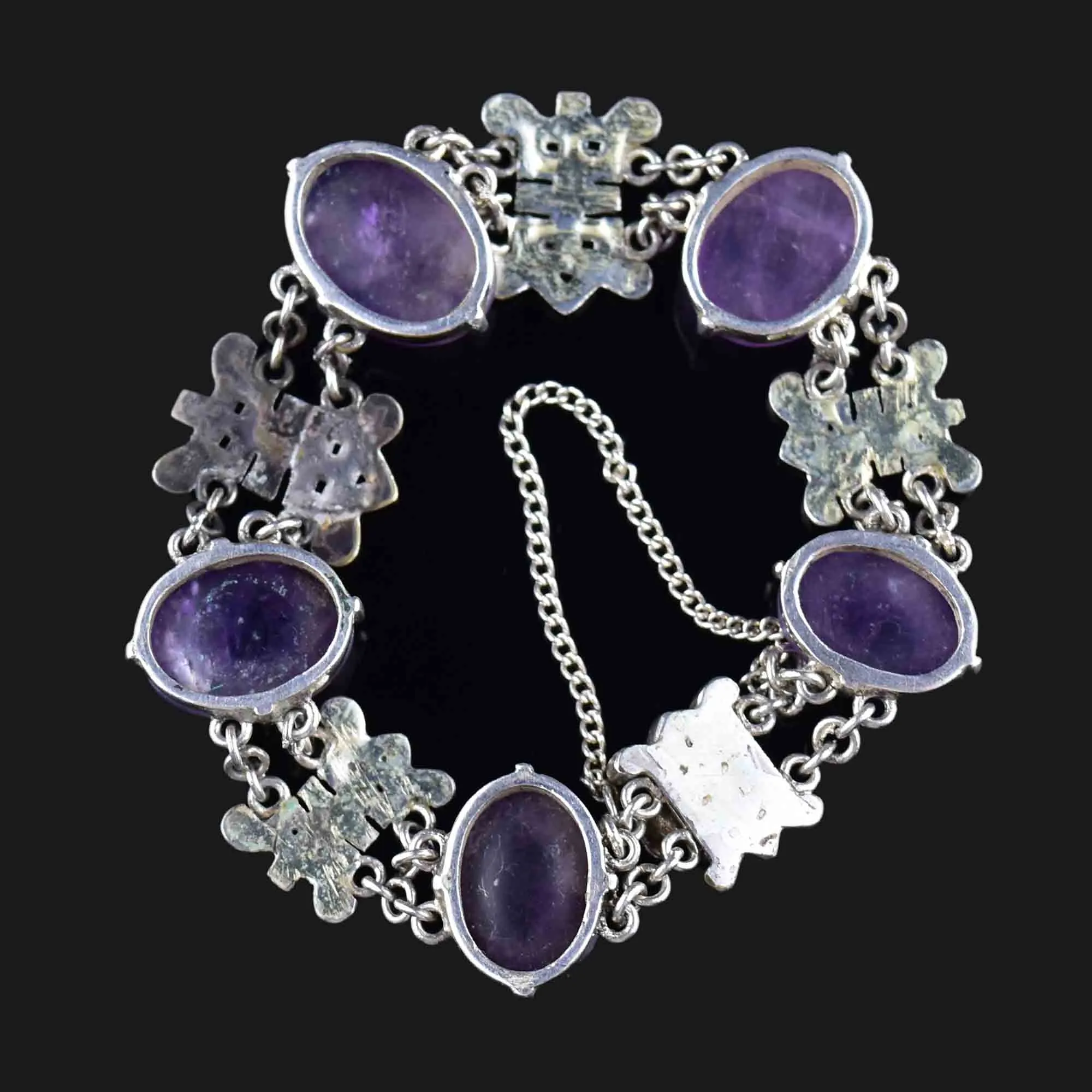 Vintage Amethyst Cabochon Silver Symbol Link Bracelet