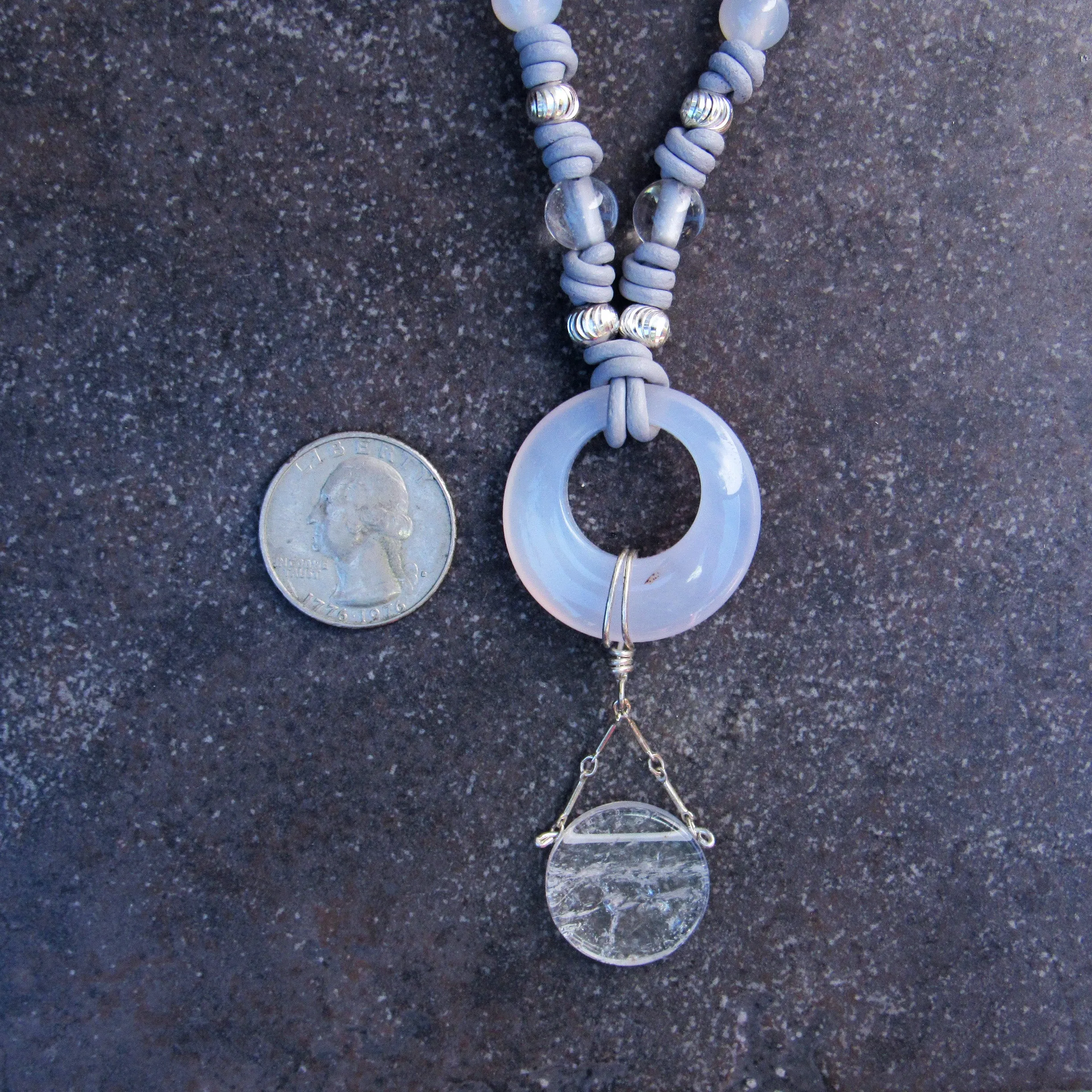 White Agate, Clear Quartz on Leather with Sterling Silver