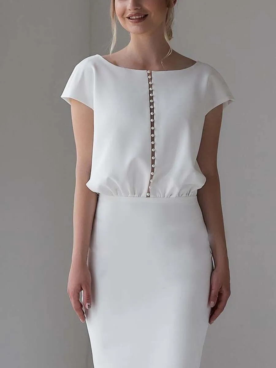 White Round Neck Pearl Buckle Bag Hip Skirt Dress