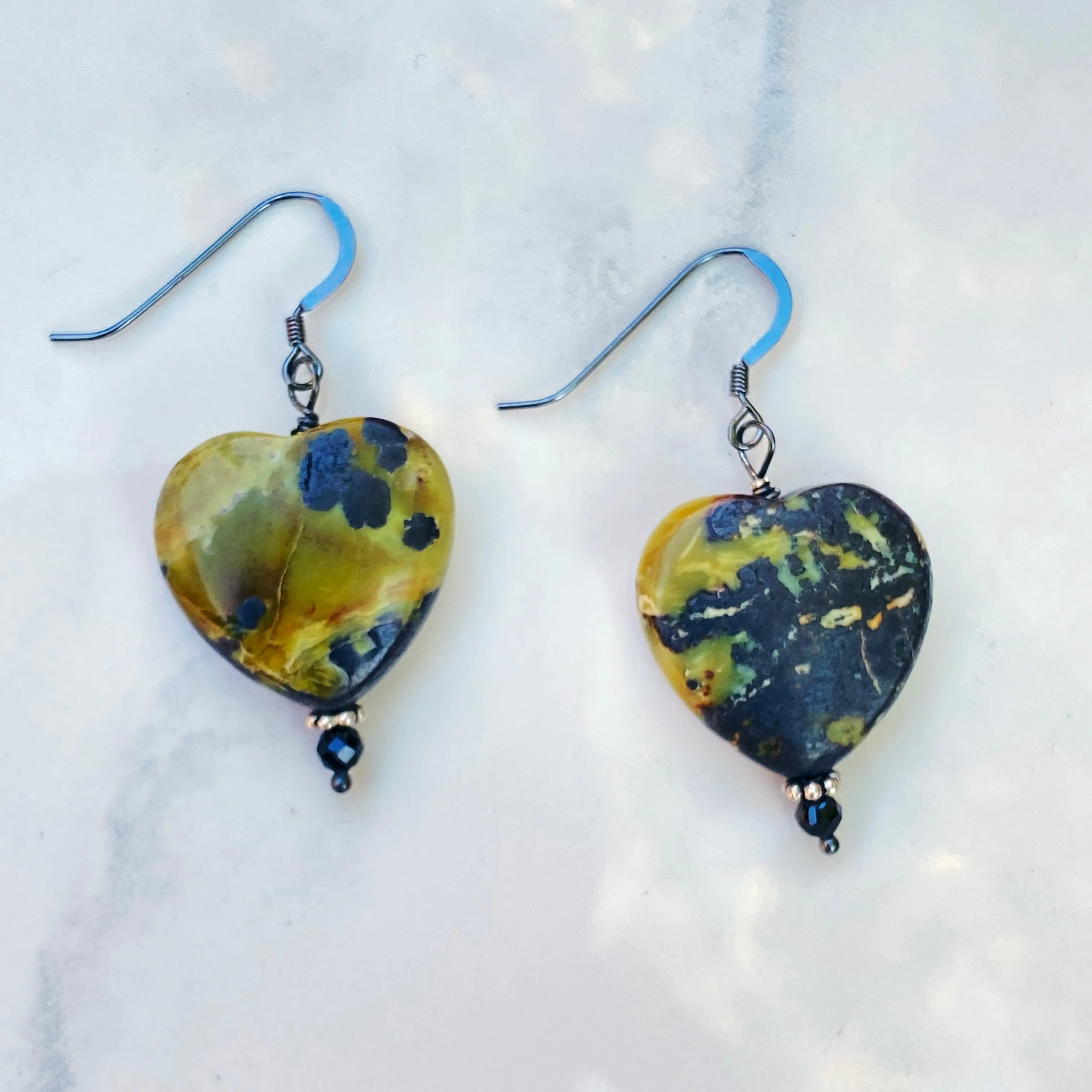 Yellow Turquoise Gemstone Hearts and Oxidized Sterling Silver Drop Earrings