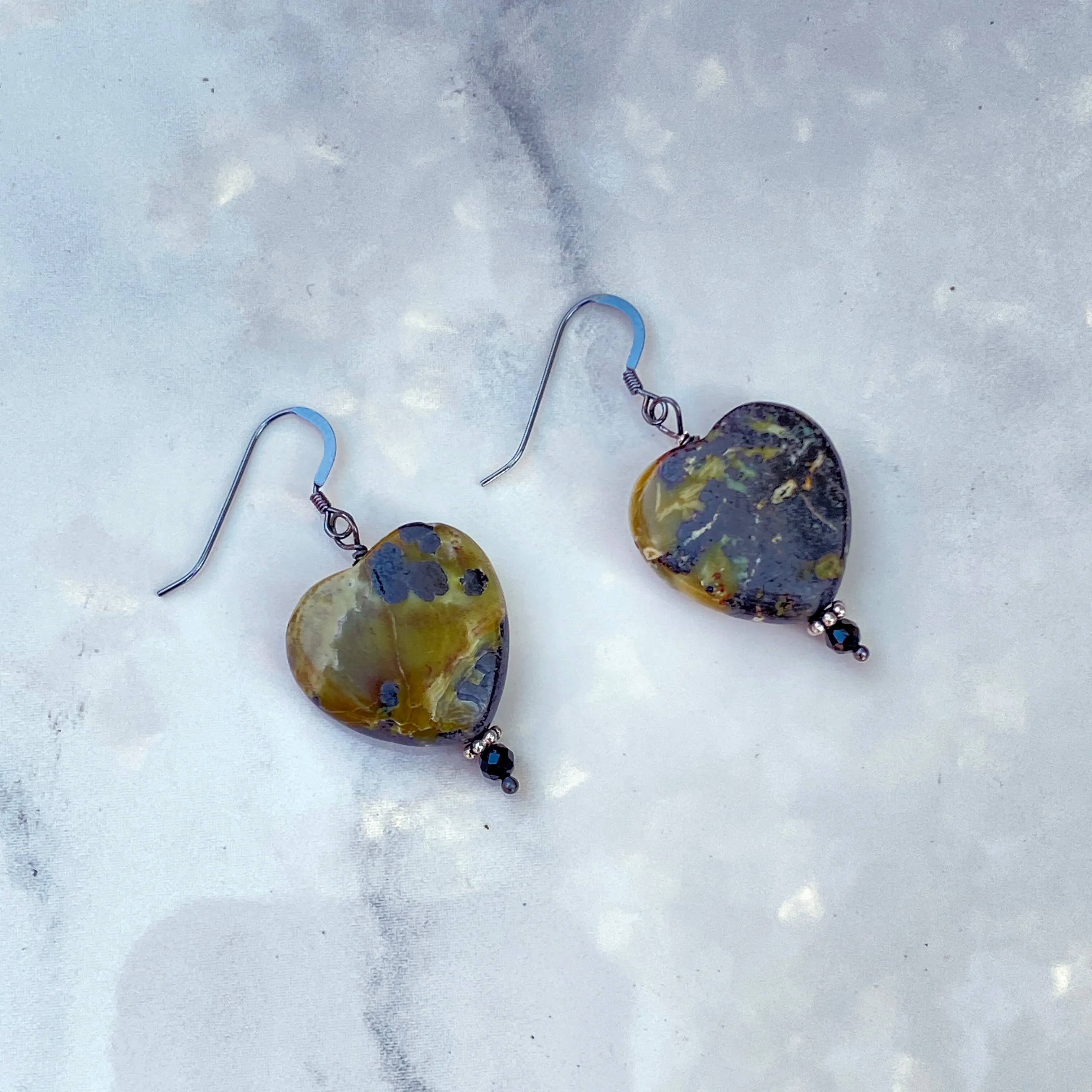 Yellow Turquoise Gemstone Hearts and Oxidized Sterling Silver Drop Earrings