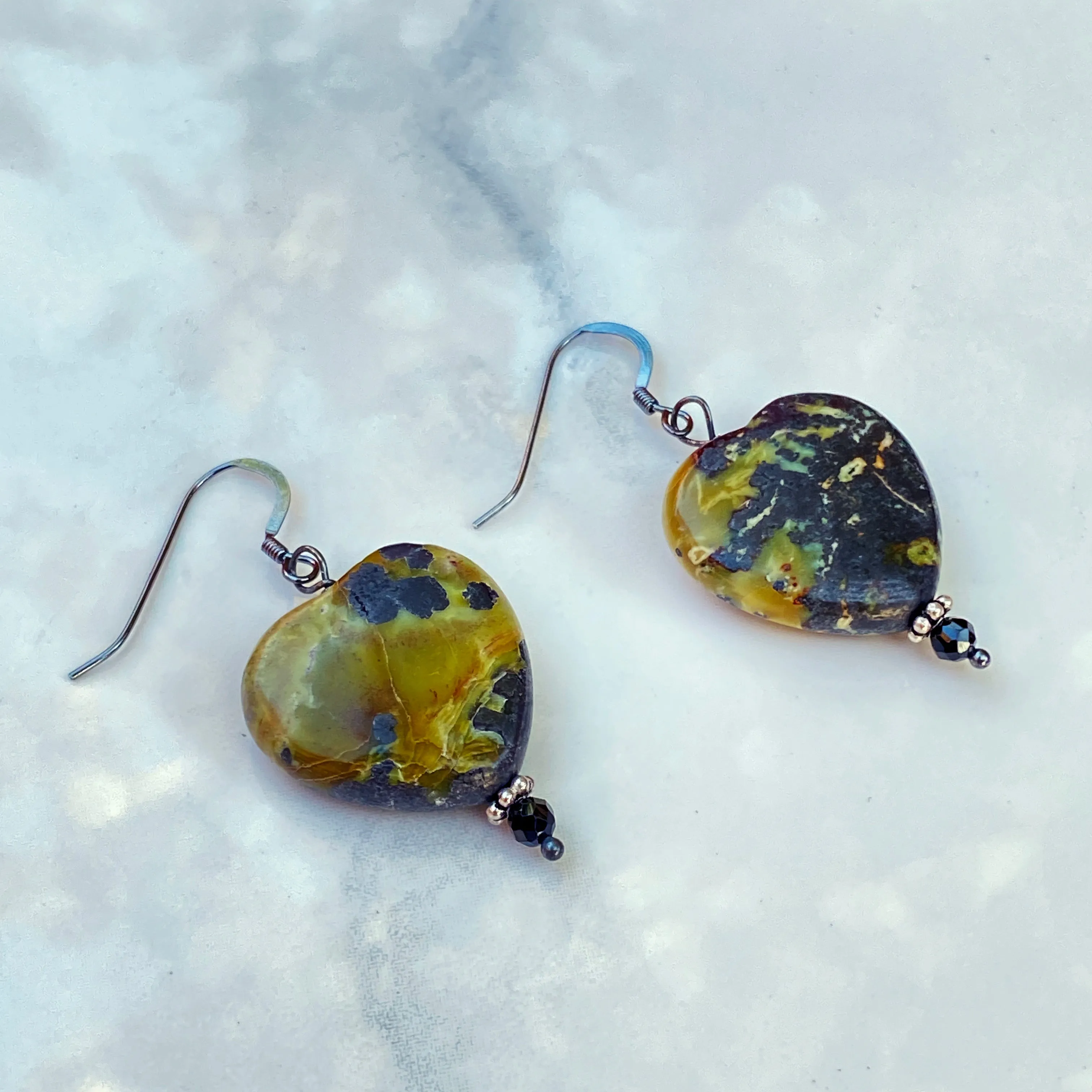 Yellow Turquoise Gemstone Hearts and Oxidized Sterling Silver Drop Earrings